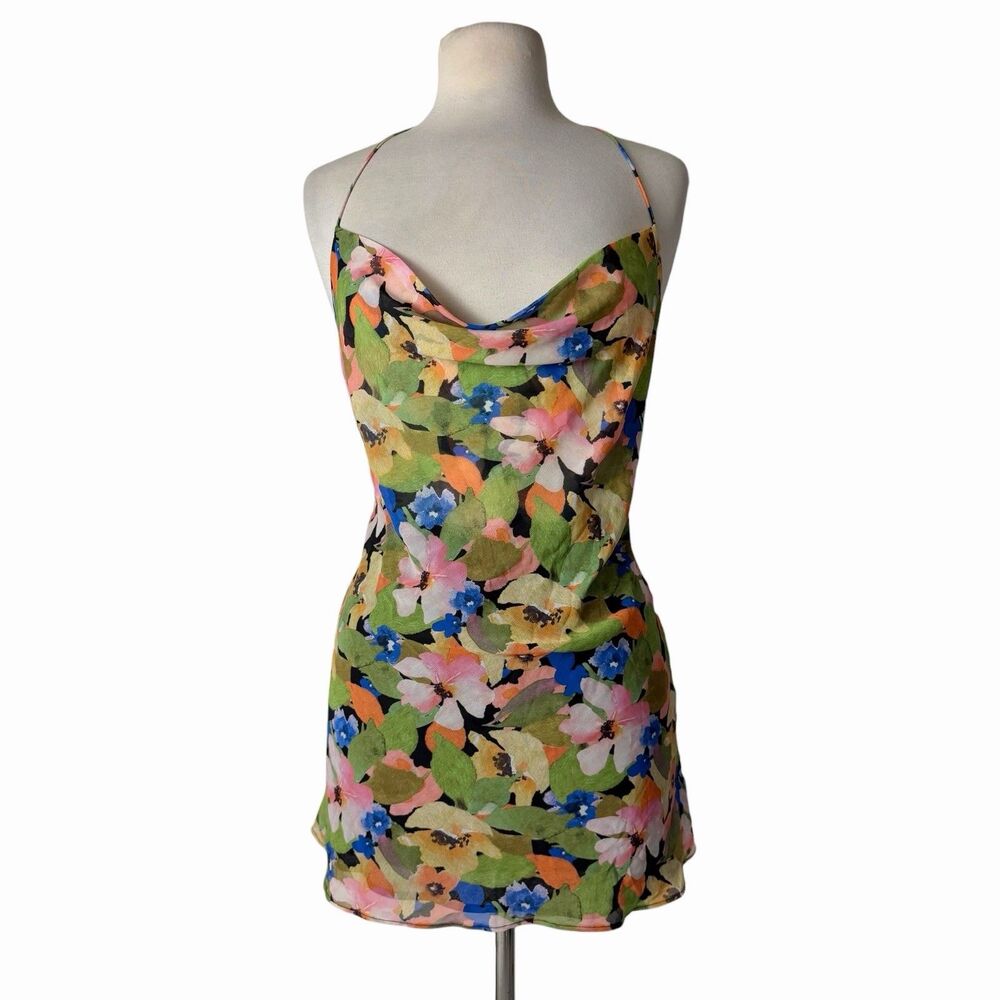 NWT SLA The Label Positano Mini Dress Green Floral Open Back Cowl XXS / XS Chic